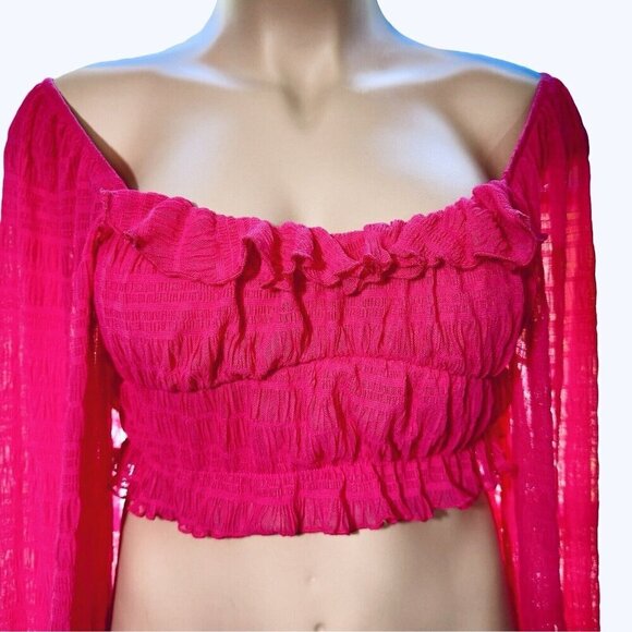 Frilly Romantic Fuchsia Crop Top Women Small Bishop Sleeve Textured Off Shoulder - Picture 4 of 16